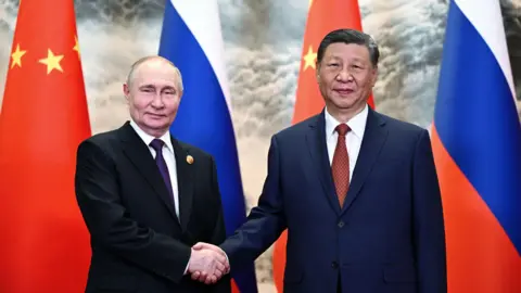 Russian President Vladimir Putin (L) and Chinese President Xi Jinping shake hands as they pose for photos before a meeting in narrow format at the Great Hall of the People in Beijing