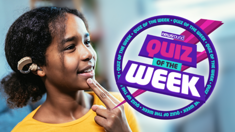 A girl wears a hearing aid and signs with a logo of Newsround Quiz of the Week