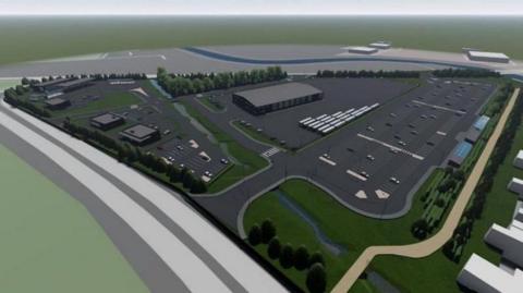 An artist impression of a proposed park-and-ride site near Hull. The computer-generated image shows a large grey coloured car park and several industrial-style buildings.