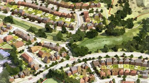 An artist's impression of what the housing estate might look like. Rows of houses weave through the fields, with trees interspersed.