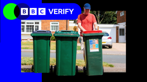 A man in a cap and t-shirt stands behind a row of three green wheelie bins. There is a frame around the picture partly blue and partly black with the words BBC Verify in the top left