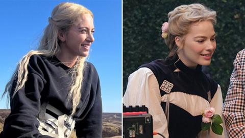 A composite image showing stunt performer Nikita Mitchell on the left and actress Margot Robbie on the left. Nikita is pictured on a moorside against a clear blue sky, sporting a long blonde wig and with the straps of a safety harness tied around her waist. Robbie is on set, in full costume, leaning over a monitor inbetween scenes.