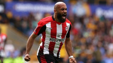 Bryan Mbeumo celebrates a goal against Wolves