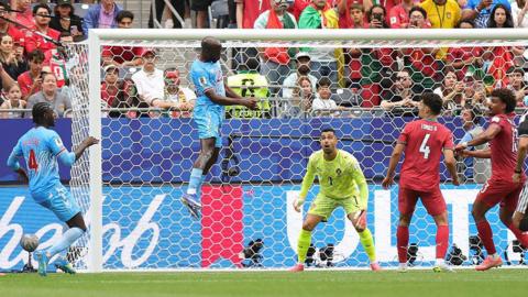 Yoanne Wissa mid-air, as he heads the ball into the net in DR Congo's 1-1 draw against Portugal in the 2026 World Cup