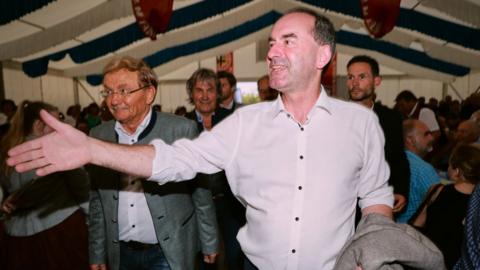 Hubert Aiwanger, head of the Freie Waehler (Free Voters) political party, campaigns ahead of Bavarian state elections on July 24, 2023 in Maisach, Germany