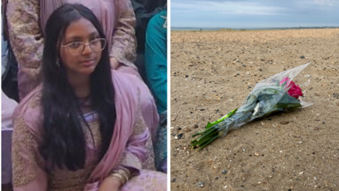 Composite of teenage girl alongside a floral tribute