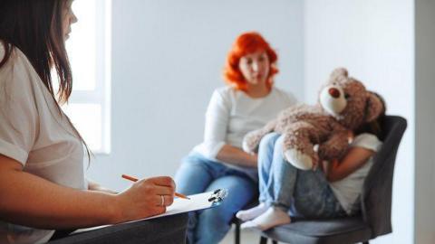 A woman with a clipboard sits in front of a child covering their face with a cuddly toy and another adult. Both adults are looking at the child with some concern (posed by models)