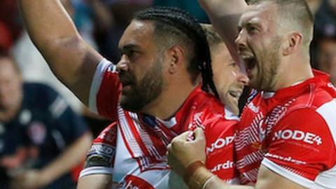 Konrad Hurrell celebrates his second try