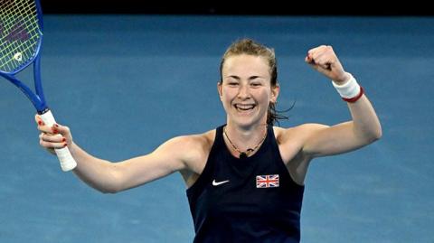 Mika Stojsavljevic celebrates at the Billie Jean King Cup match against Australia
