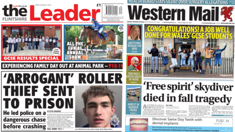 Front pages of the Flintshire Leader (with splash headline "'Arrogant' roller thief sent to prison") and Western Mail (with splash headline "'Free spirit' skydiver died in fall tragedy")