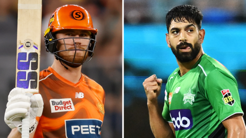 A split graphic of Perth Scorchers' Finn Allen and Melbourne Stars' Haris Rauf