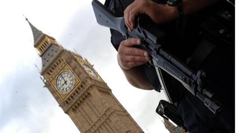 Police officer with gun outside Parliament