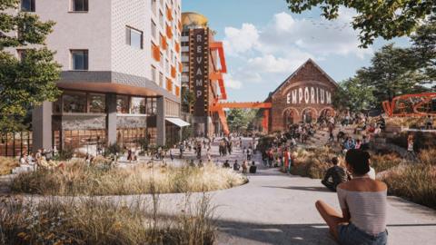A computer generated image of people sitting an open piazza area with buildings in front of them.