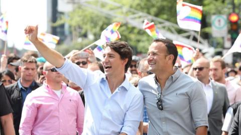 Ireland's Prime Minister Leo Varadkar (r) and Canadian Prime Minister Justin Trudeau taking part in the Pride Parade in Montreal, Canada, on 20 August 2017.