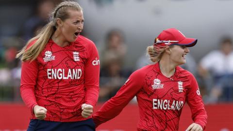 England's Sophie Ecclestone celebrates taking a wicket against India in the Women's T20 World Cup