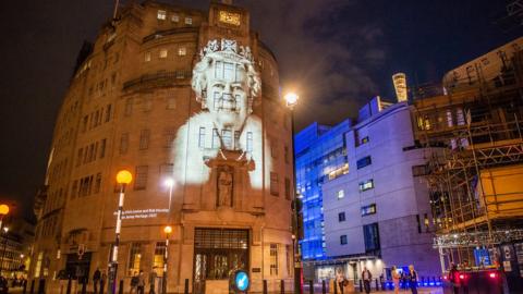 The image of the Queen was projected onto BBC Broadcasting House on the day of her funeral