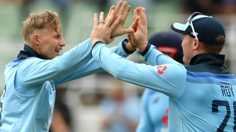 Joe Root celebrates with Jason Roy in South Africa