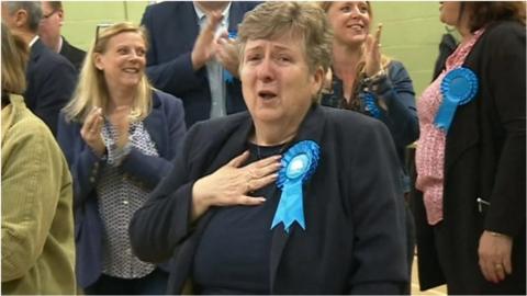Jane Doughty councillor for Witney west (not standing this time) expresses relief after a colleague is elected