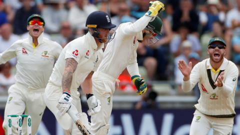 Australia celebrate the wicket of England's Ben Stokes on day five of the first Ashes Test at Edgbaston