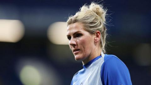 Millie Bright warming up before Chelsea's 1-0 defeat by Everton in the WSL on Sunday
