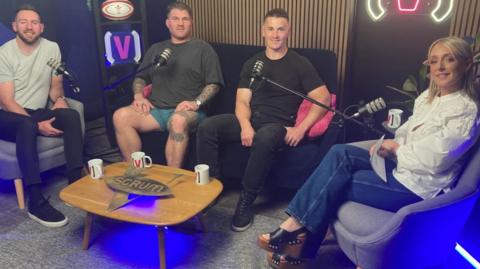 L-R: Alex Cuthbert, Richard Hibbard and Jonathan Davies with presenter Lauren Jenkins