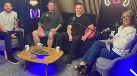 L-R: Alex Cuthbert, Richard Hibbard and Jonathan Davies with presenter Lauren Jenkins