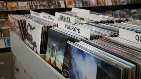 Vinyl records are displayed inside D'Amato Records, founded in 1885 by Italian immigrant Giovanni D'Amato and, according to the current owner, is the world's oldest record shop, in Valletta, Malta, October 17, 2025.