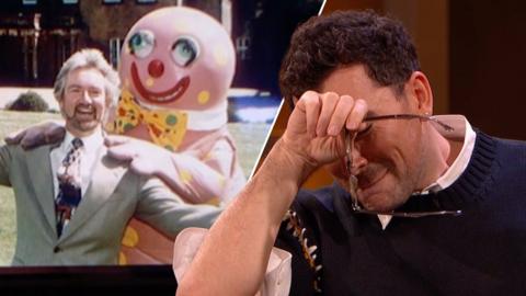 LEFT: Noel Edmonds and Mr Blobby in the 1990s RIGHT: Dan Levy resting his head on his hand in anguish, holding back laughing