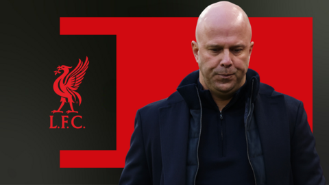 Arne Slot in front of a red and black background and the Liverpool club badge