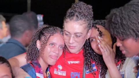 Three female Cape Verde fans are visibly emotional after their teams World Cup loss