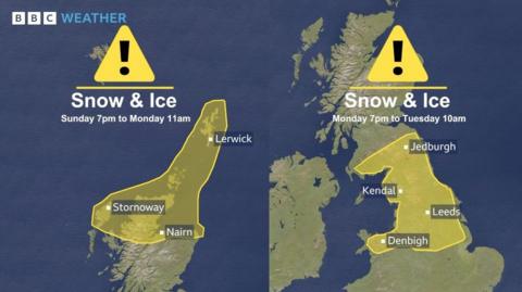 Met Office yellow warnings for snow and Ice illustrated over a map of the UK 