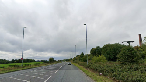 A tarmac road sweeps between a green field on one side and a large hedge on the other. 