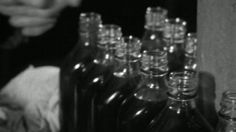 Rows of bottles filled with oil are lined up.