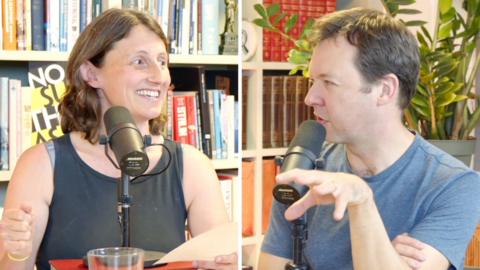 Left, a woman with shoulder length hair speaks into a microphone. Right, a man looks questioningly into a microphone.