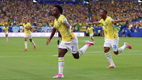 Vinicius Junior of Brazil celebrates scoring with Rayan