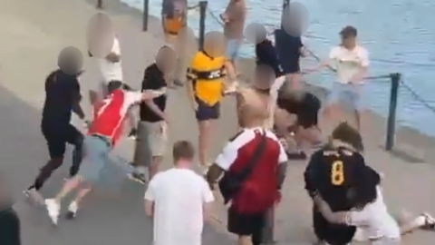 A grainy screengrab image from a video shows a group of men brawling on a waterfront