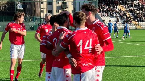 Francis Lekimamati celebrates scoring his second goal of the season for Jersey Bulls
