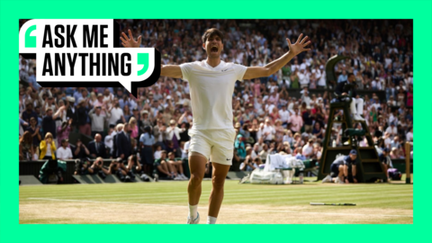 Carlos Alcaraz celebrates winning the 2024 Wimbledon Men's singles title with an Ask Me Anything border around him