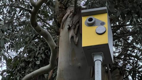 A fake speed camera overlooking a road in High Garrett, Essex.