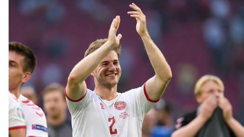 Joachim Andersen celebrating Denmark's win over Wales at Euro 2020