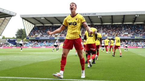 Mileta Rajovic celebrates scoring a goal for Watford against Millwall