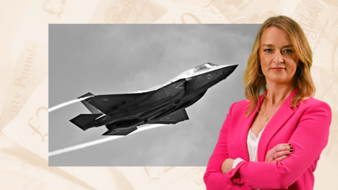 A treated image of a miliary plane, a RAF Lockheed Martin F-35 lightning II during an airshow and an image of Laura Kuenssberg edited on the side
