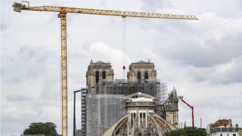 Work on top of Notre-Dame Cathedral, in Paris, France, 08 June 2020