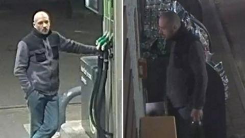 Composite image showing two photos of a man standing next to a petrol pump on a garage forecourt. In one shot he is looking up towards the camera. In the other he is looking at the pump with a bottle in his left hand. He has a shaven head and is wearing a dark-grey jacket and blue trousers.