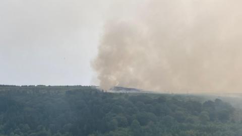 Smoke billowing from fire on top of a mountain seen from a distance over woodland