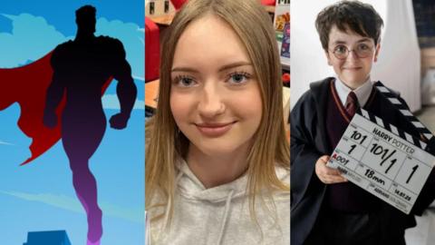 Montage: A cartoon silhouette of superman flying above building against a blue, cloudy sky; Close up of a blonde young woman smiling at the camera, she has mascara on her upper lashes, a nose piercing and is wearing a grey hoodie; The new Harry Potter TV actor, dressed in Hogwarts uniform and wearing round glasses holding a clipboard with details about the show on.