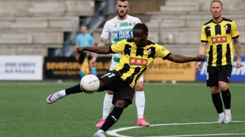 Ibrahim Sadiq of BK Hacken scores a goal to make it 0-1 during the UEFA Champions League First Qualifying Round 2nd leg match between The New Saints and BK Hacken
