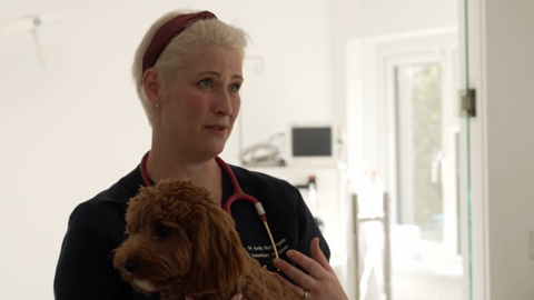 Dr Emily Nightingale is talking her in veterinary surgery. She has short blonde hair in a pixie cut with a red headband on. A stethoscope sits around her neck. A poodle dog sits in front of her on an examination table while she talks.