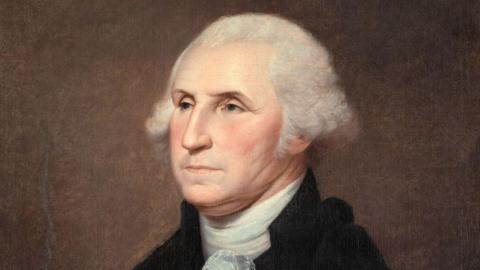A painting of George Washington. He is looking to the side and wearing a white scarf and black jacket against a brown background.