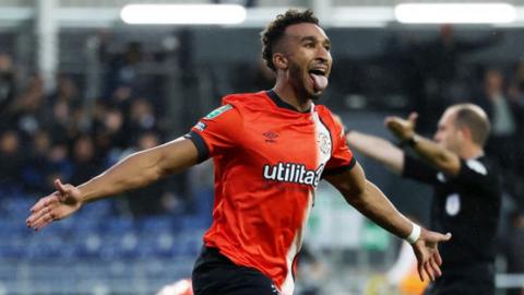 Jacob Brown celebrates after scoring for Luton against Gillingham in the Carabao Cup second round